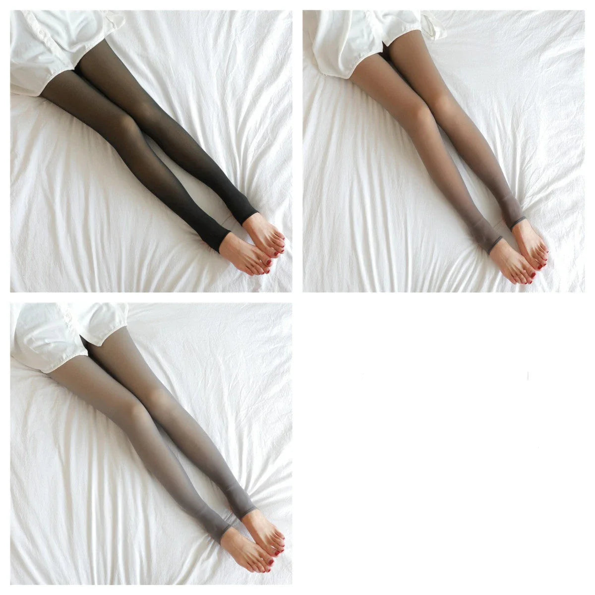 Cozy fleece-lined tights in various colors, featuring a unique translucent design and high-waisted fit for warmth and style.