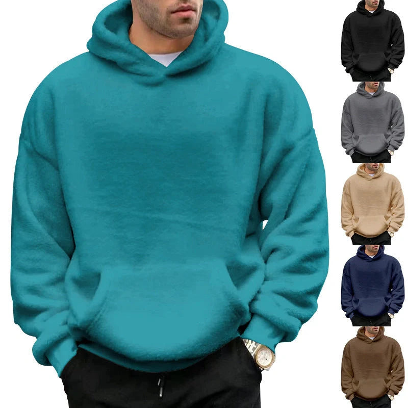 Double-sided velvet hooded sweater for men in navy blue with pockets