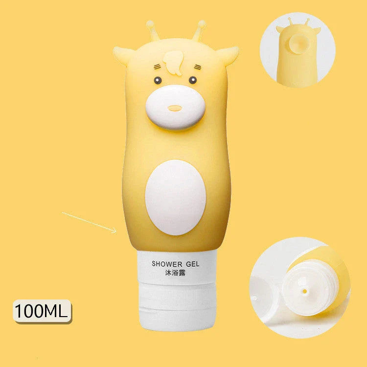 Portable animal-shaped silicone travel bottles for shampoo, shower gel, and lotion in various vibrant colors and designs