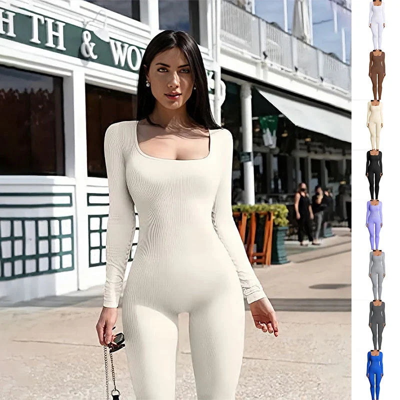 A stylish women's yoga jumpsuit with a square collar and long sleeves, available in a variety of vibrant colors.