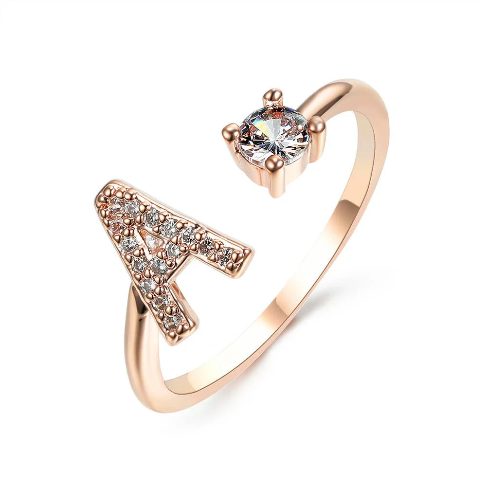 Personalized Initial Letter Crystal Ring with Adjustable Design in Gold, Silver, and Rose Gold Colors