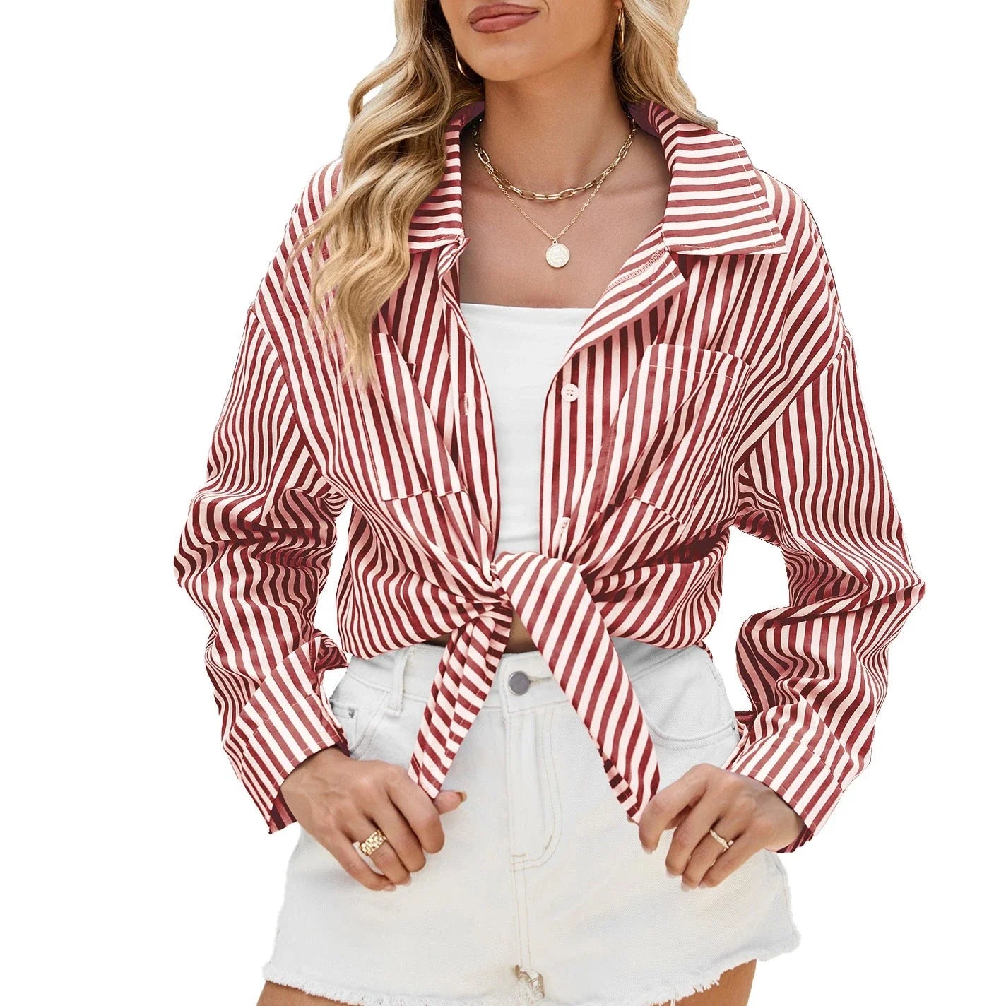 Stylish striped long sleeve button-up shirt with pockets in various color options
