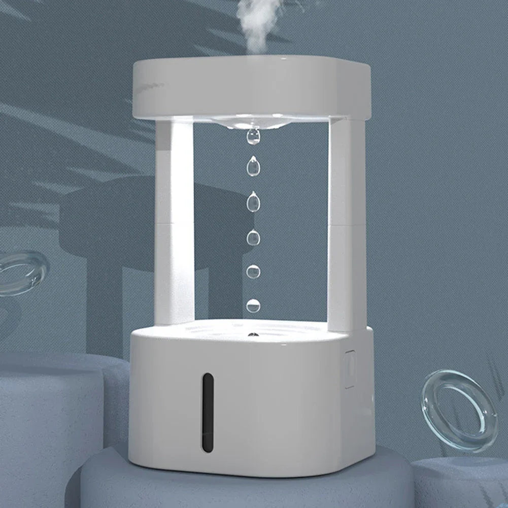 Anti-gravity humidifier with mesmerizing water droplets, designed for portable and quiet operation in home, office, or yoga studio