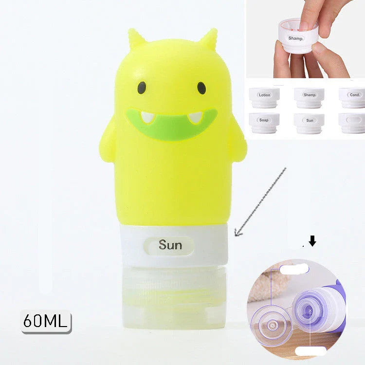 Portable animal-shaped silicone travel bottles for shampoo, shower gel, and lotion in various vibrant colors and designs