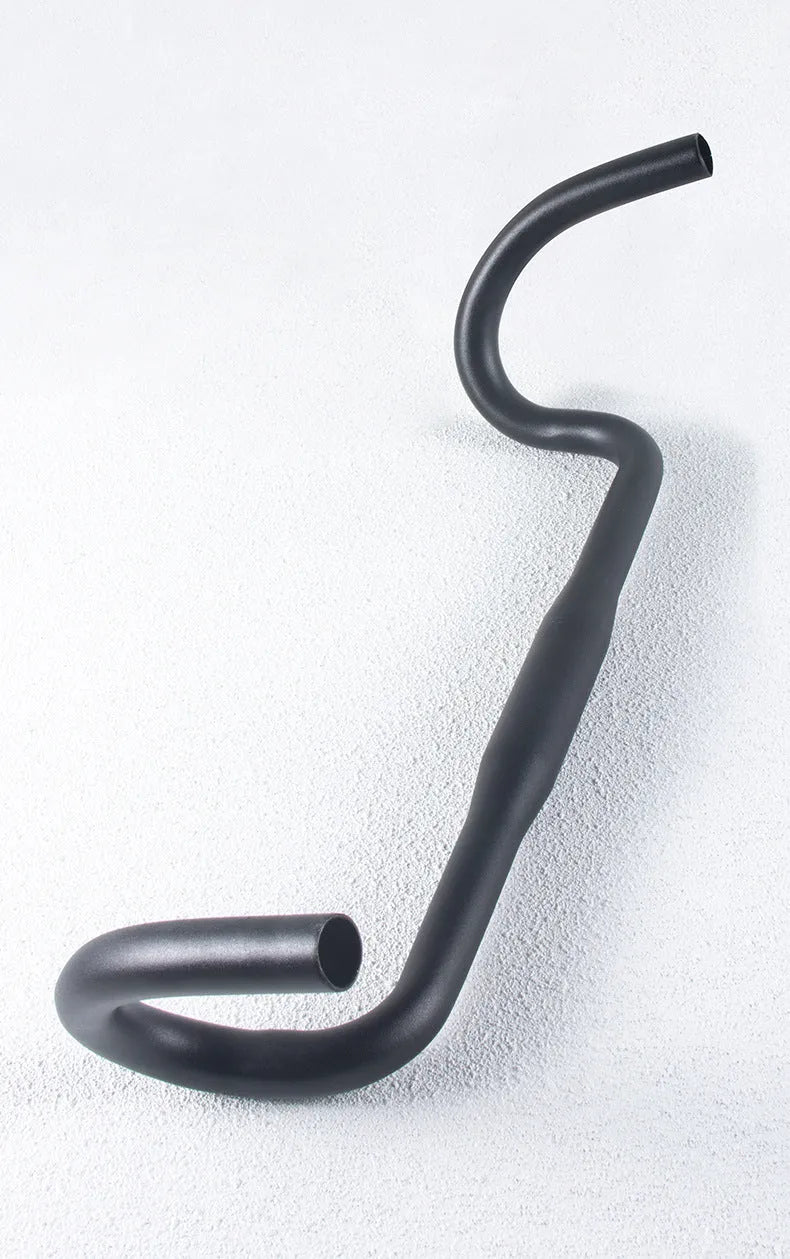 Black aluminium alloy road bike bent handlebar showing 420mm width and 31.8mm clamp area
