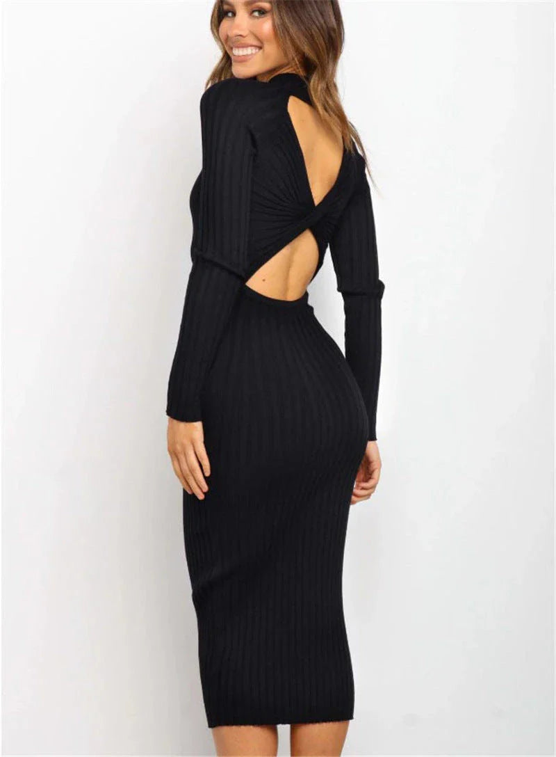 Premium backless bow sweater dresses for women in green, black, and pink colors