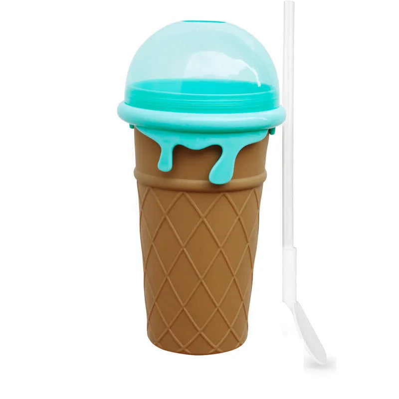 Blue 500ml slushy maker cup with squeeze bottle design for quick-frozen smoothies and homemade ice cream