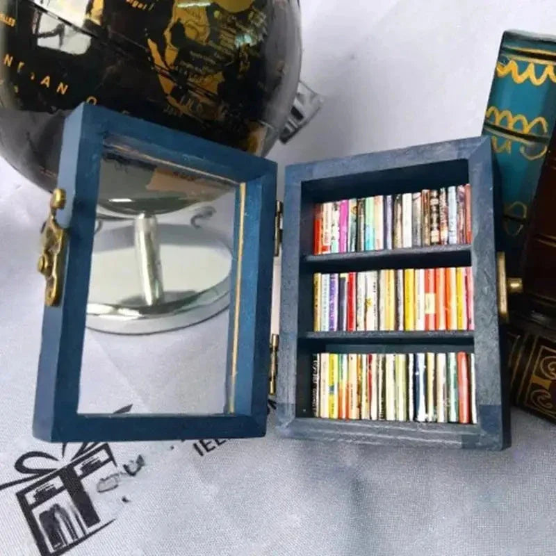 Calming wooden bookshelf ornament with 60 miniature books for stress relief and desktop decor