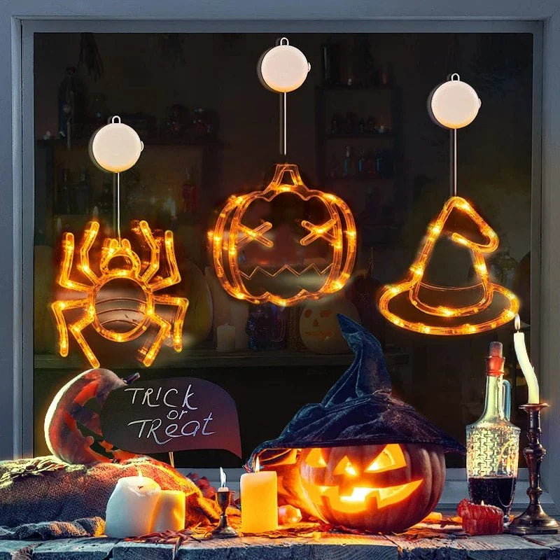Spooky Halloween window lights featuring ghostly silhouettes, carved pumpkins, and creepy spiders for festive seasonal decor