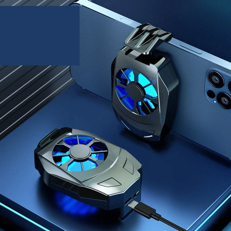 Powerful mobile phone cooling fan with stand and gamepad holder, featuring a 9-blade fan, turbine exhaust technology, and a compact, universal design for optimal mobile gaming performance.
