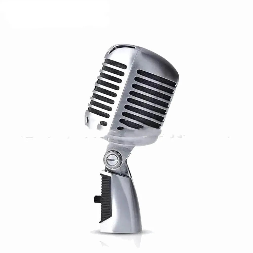 Classic retro dynamic microphone in silver finish with all-metal construction.