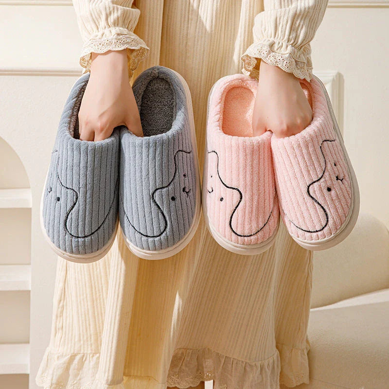 Cozy cat-themed house slippers in various colors with plush fabric and non-slip rubber soles
