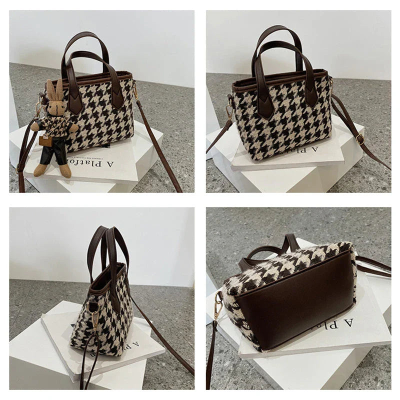 Premium houndstooth and plaid crossbody bags with stylish patterns, comfortable wool material, and versatile design