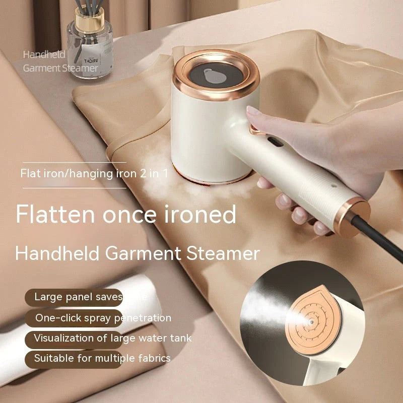 Compact, portable garment steamer with titanium-coated soleplate for wrinkle-free clothes at home or on the go