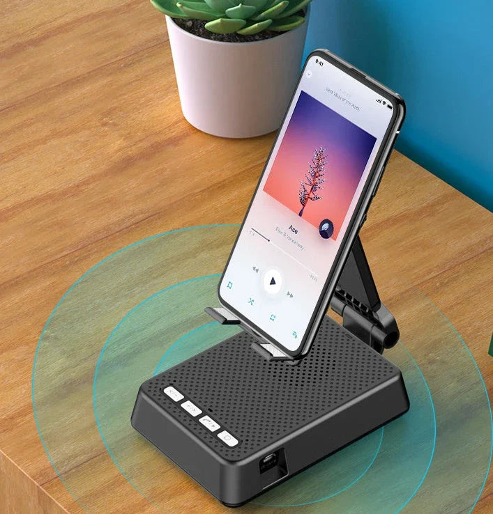 Hands-free mobile phone stand with Bluetooth speaker for remote work, video calls, and entertainment