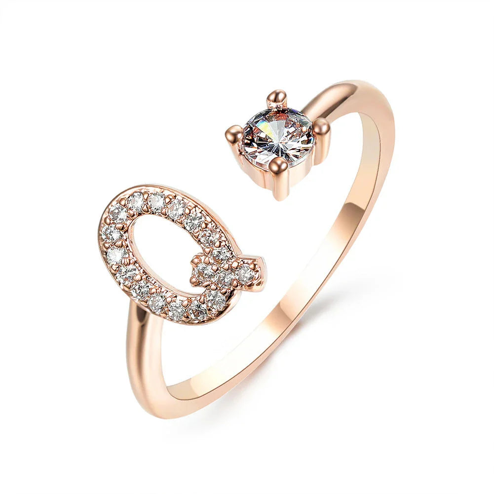 Personalized Initial Letter Crystal Ring with Adjustable Design in Gold, Silver, and Rose Gold Colors