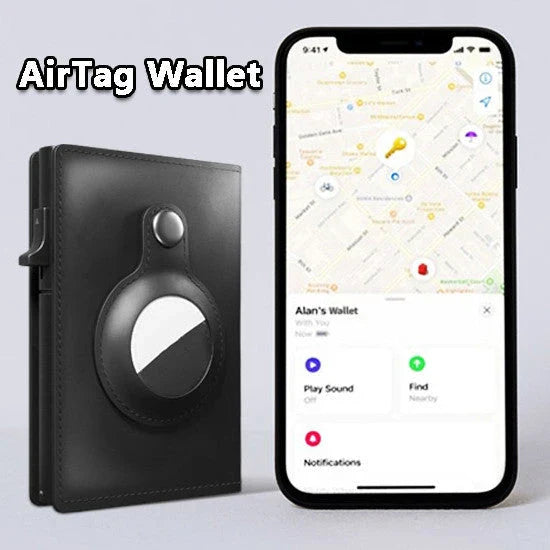 Premium leather wallet with built-in AirTag pocket and RFID blocking technology for secure everyday carry