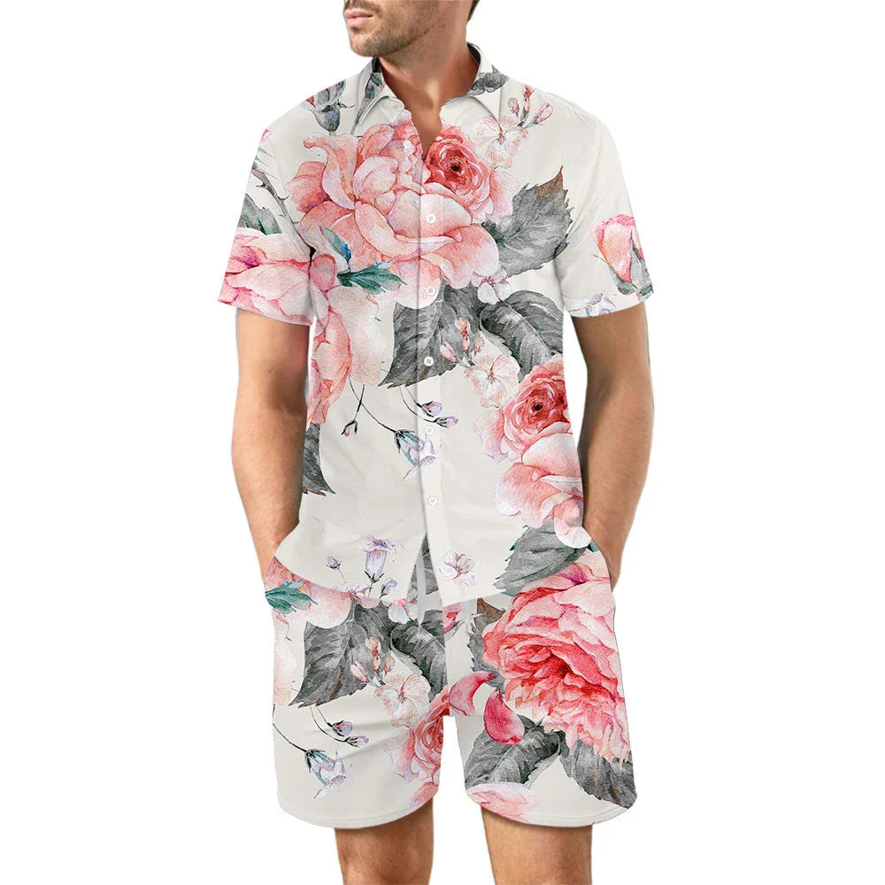 Stylish printed beach shirt and shorts set for men in various vibrant color designs