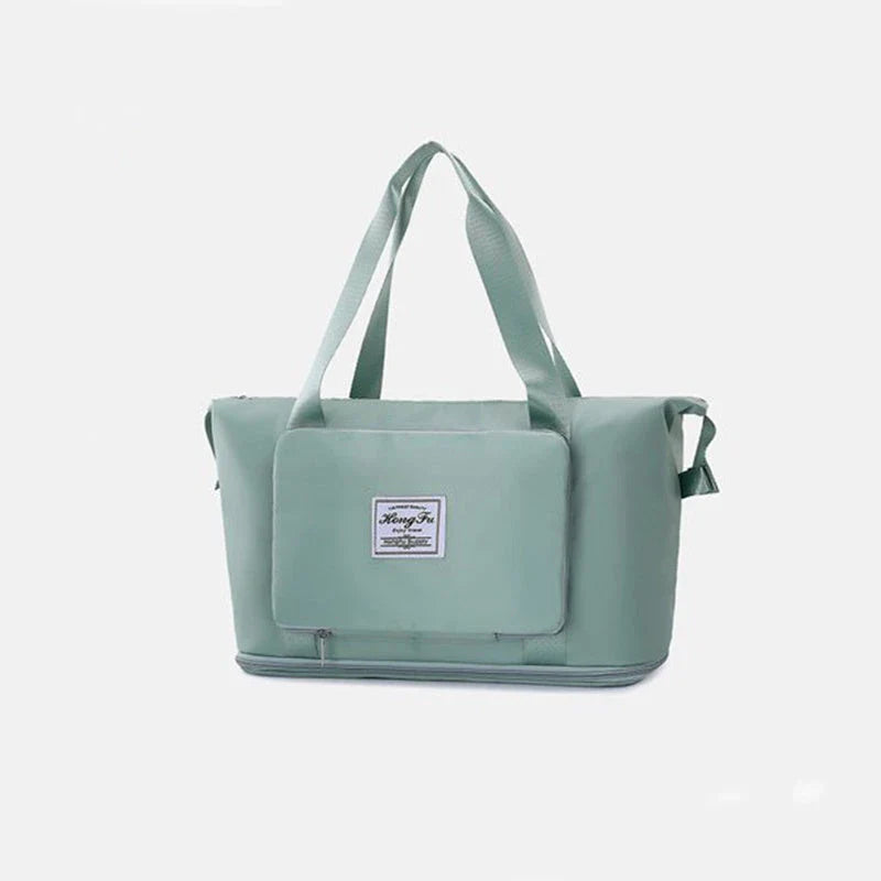 Stylish and spacious foldable travel bag for women, featuring a water-resistant Oxford cloth construction, multiple pockets, and convenient carrying options.