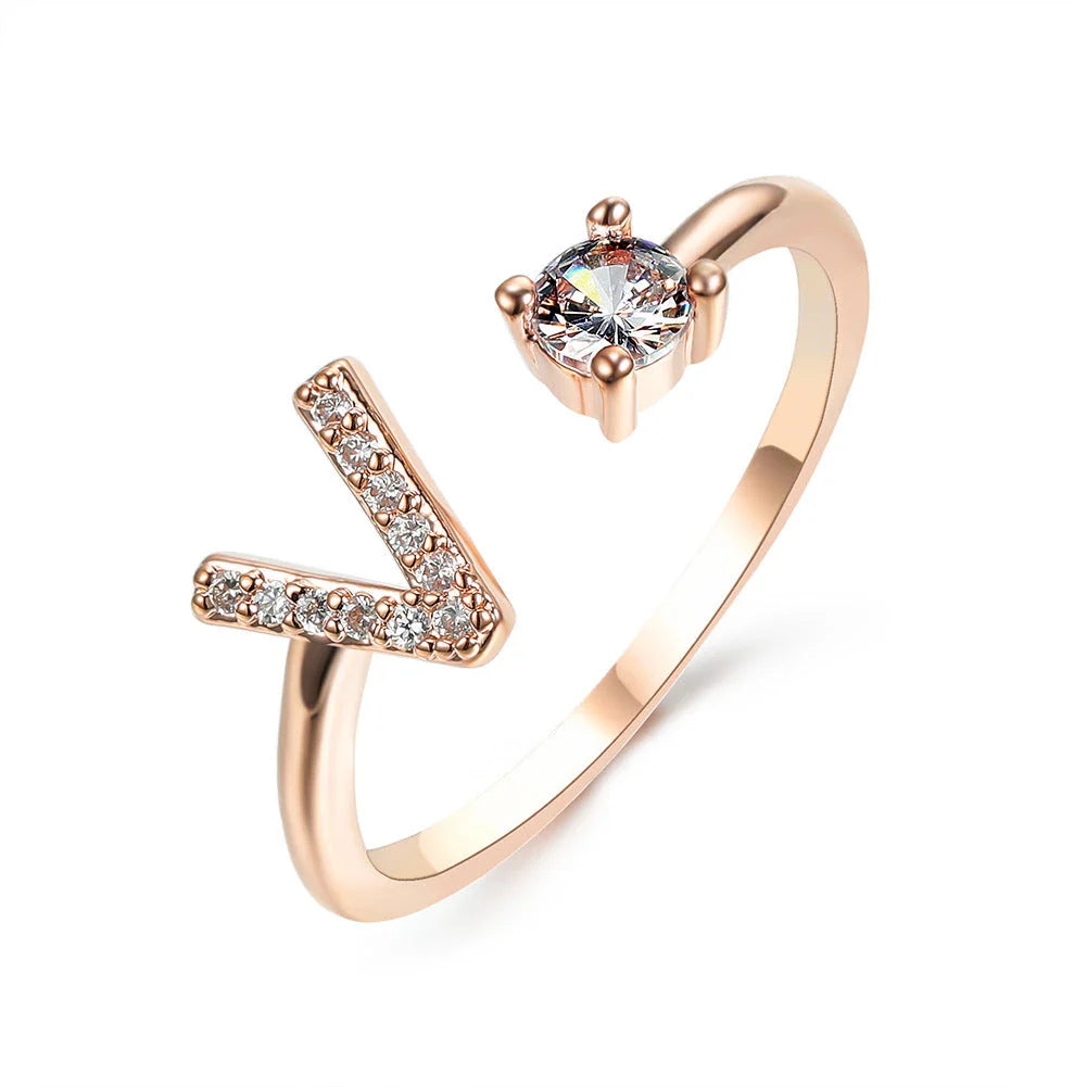 Personalized Initial Letter Crystal Ring with Adjustable Design in Gold, Silver, and Rose Gold Colors