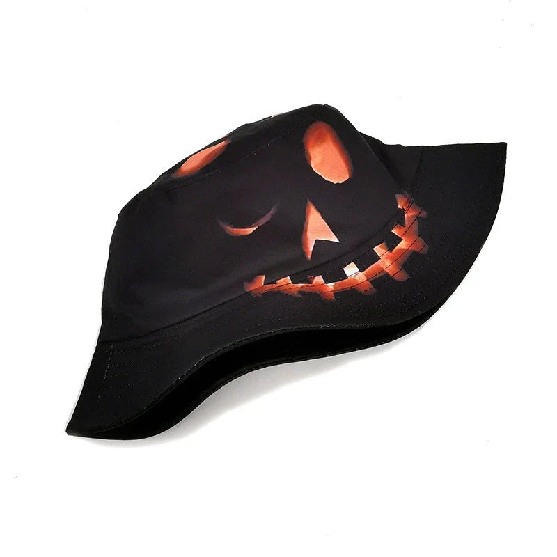 Pumpkin-themed sun hat with flat top crown and wide brim for Halloween outdoor fun and sun protection