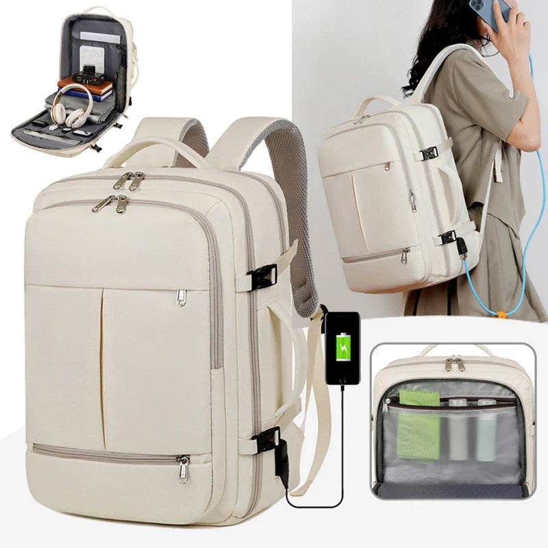 A stylish and high-capacity backpack with multiple pockets and zippers, designed for business and travel use.