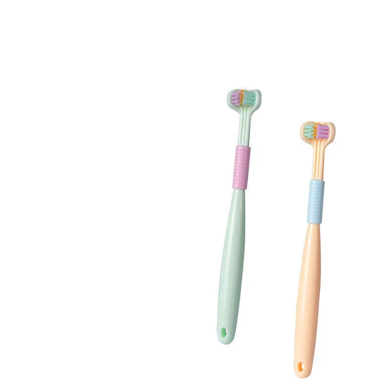 A soft bristle toothbrush with a unique triple-sided brush head for deep cleaning and customizable bristle firmness.