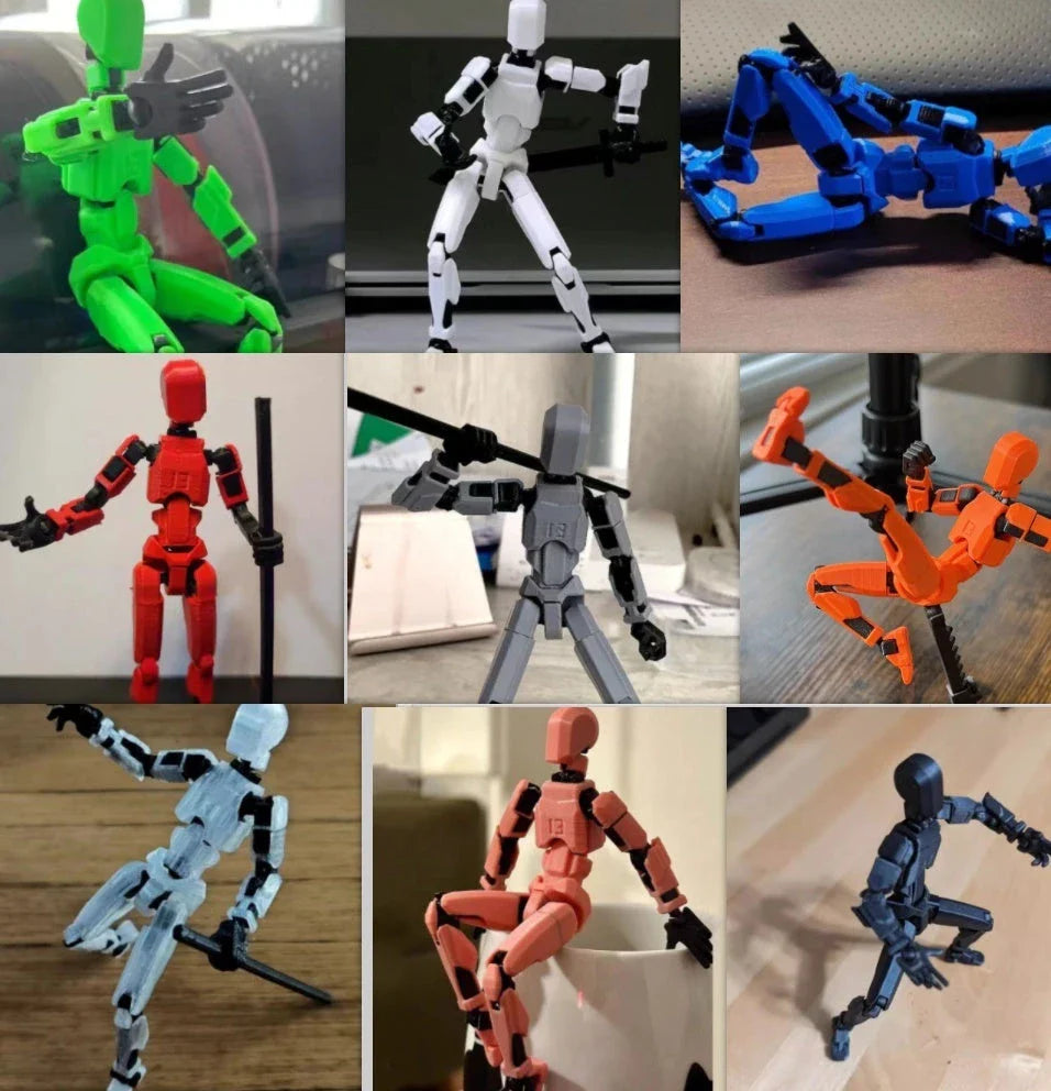 Customizable 3D printed multi-jointed action figure robot toy in various vibrant colors