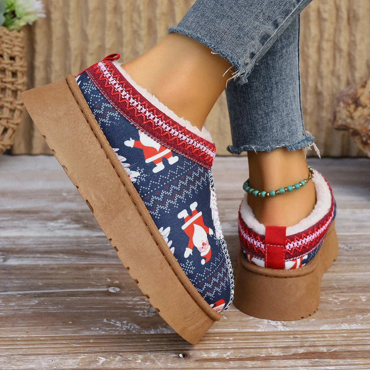 Cozy winter ankle boots featuring festive Christmas prints and plush lining for women