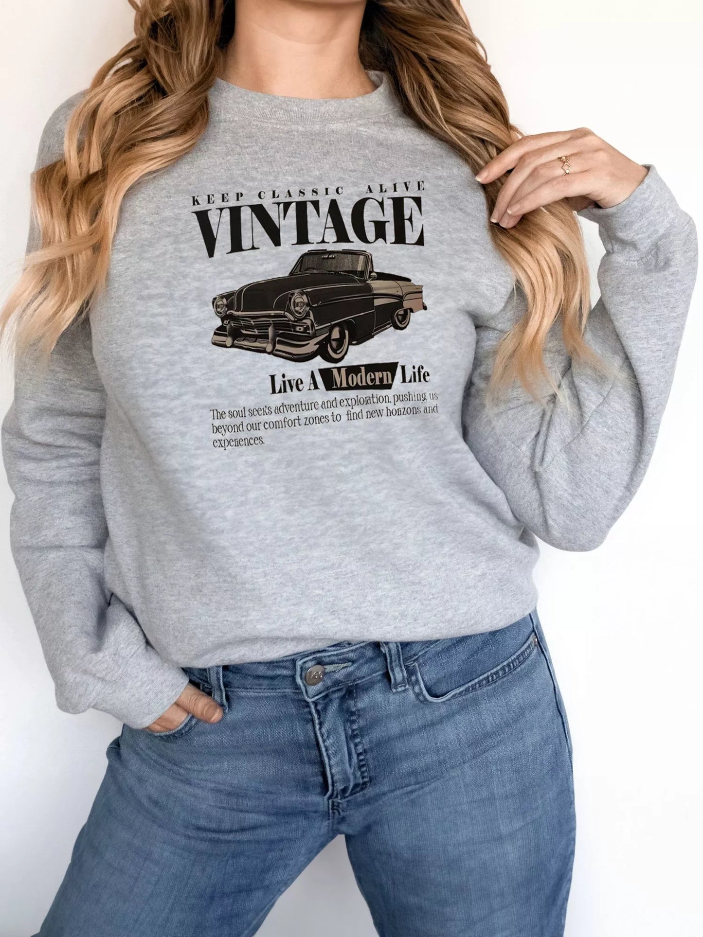 Women's grey long sleeve hoodie with printed design, sizes S to 2XL