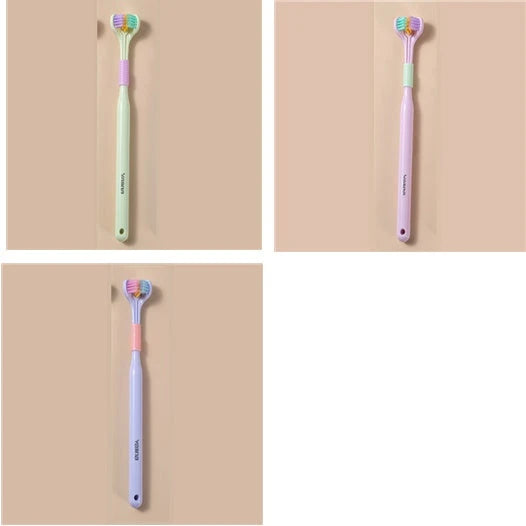 A soft bristle toothbrush with a unique triple-sided brush head for deep cleaning and customizable bristle firmness.