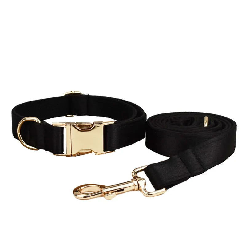 Cloth dog collar and leash set with chest strap harness, adjustable vest, and decorative bow.
