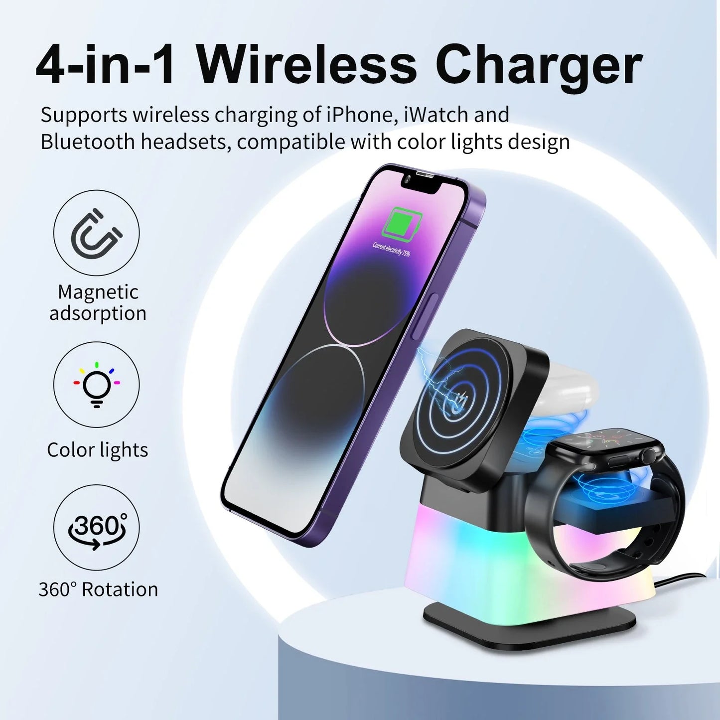 Versatile 4-in-1 wireless charging station with adjustable mood lighting for iPhone, Apple Watch, and AirPods