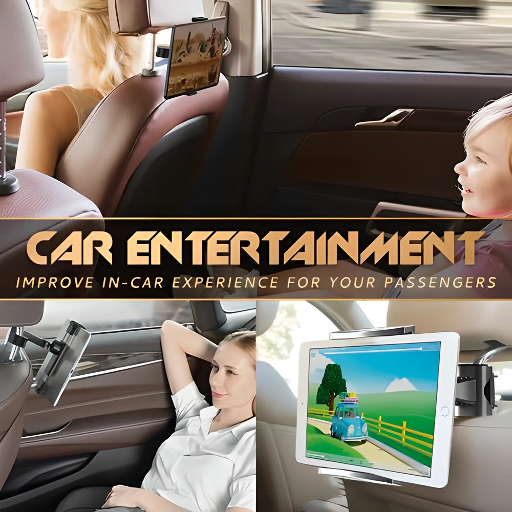 Adjustable 360-degree rotating car headrest mount for tablets, smartphones, and Nintendo Switch devices