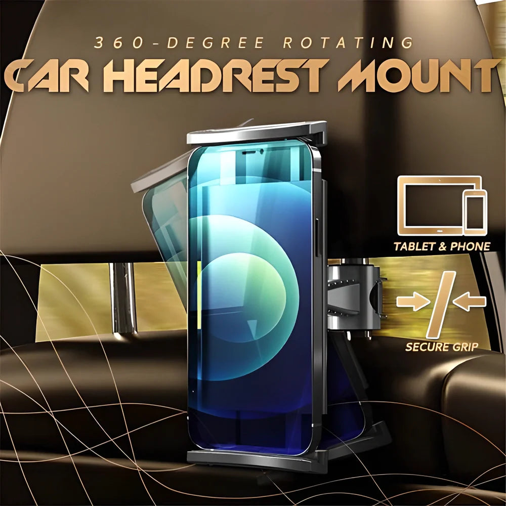 Adjustable 360-degree rotating car headrest mount for tablets, smartphones, and Nintendo Switch devices