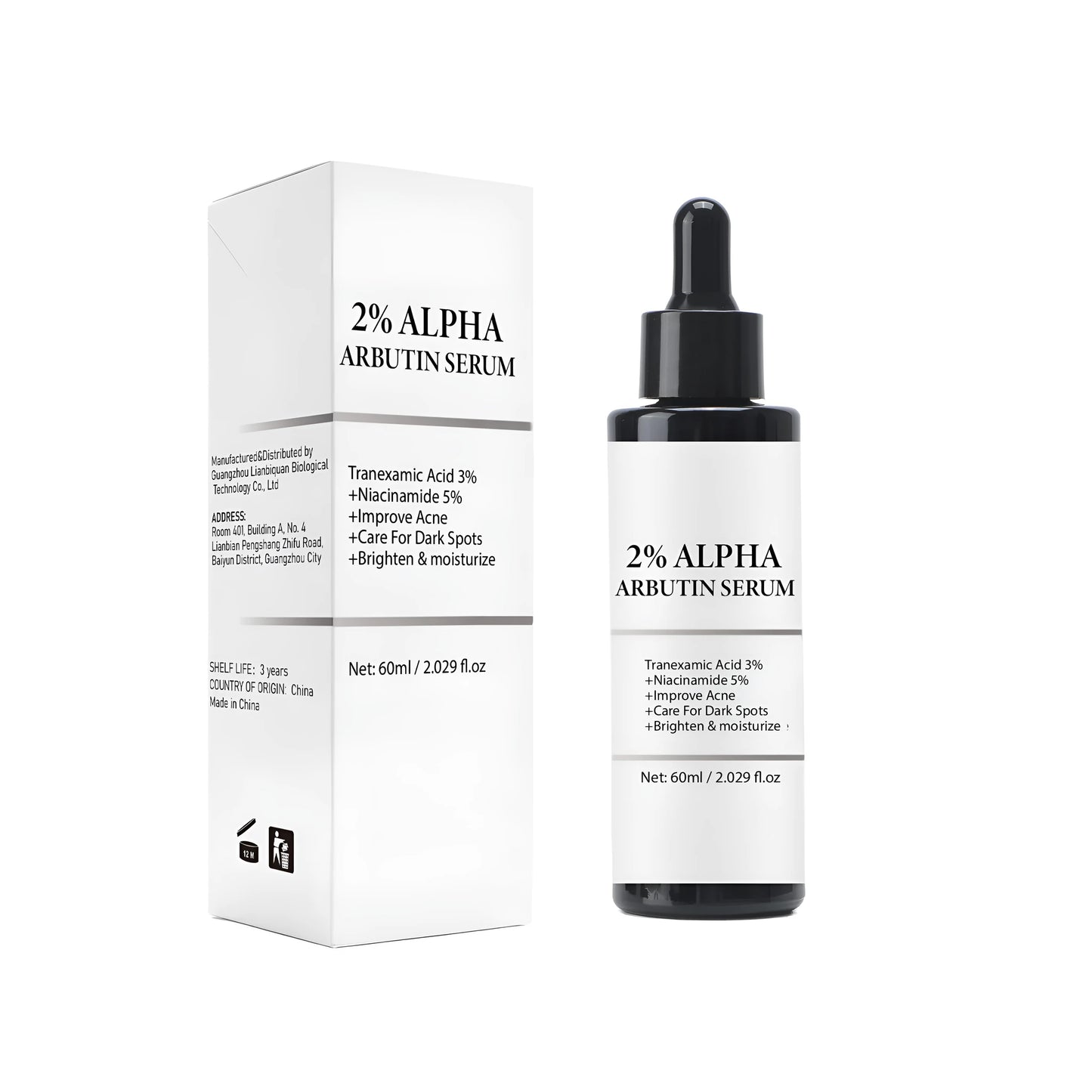 Alpha-Arbutin care solution facial treatment bottle, 60ml net content.