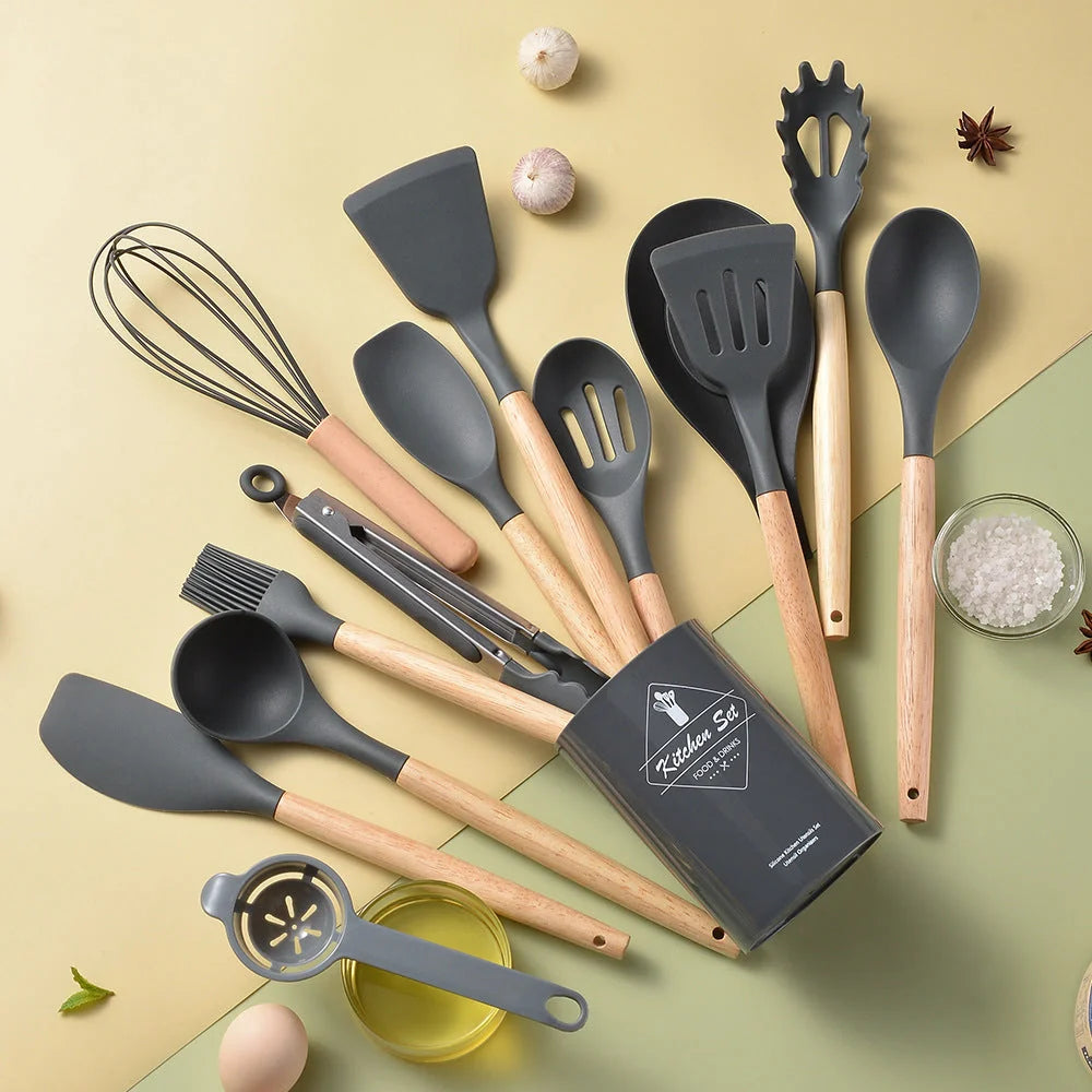 Premium silicone kitchenware set with wooden handle, ideal for cooking and baking
