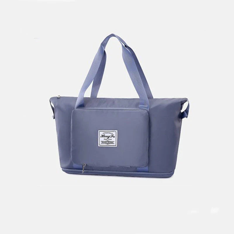 Stylish and spacious foldable travel bag for women, featuring a water-resistant Oxford cloth construction, multiple pockets, and convenient carrying options.