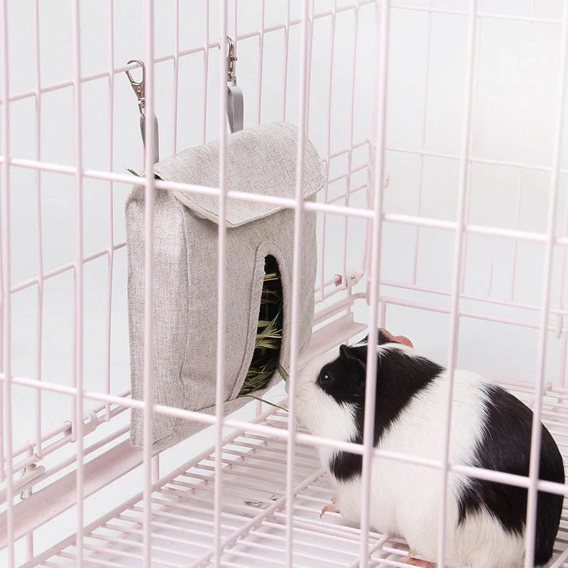 Durable cloth feed bag for small pets including rabbits, guinea pigs, and hamsters in grey and blue.