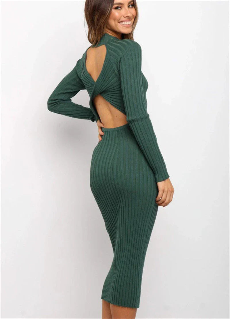 Premium backless bow sweater dresses for women in green, black, and pink colors