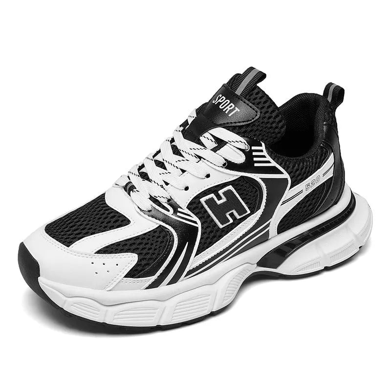 Men's mesh running shoes with plastic sole in black, white and grey, or white and orange colours