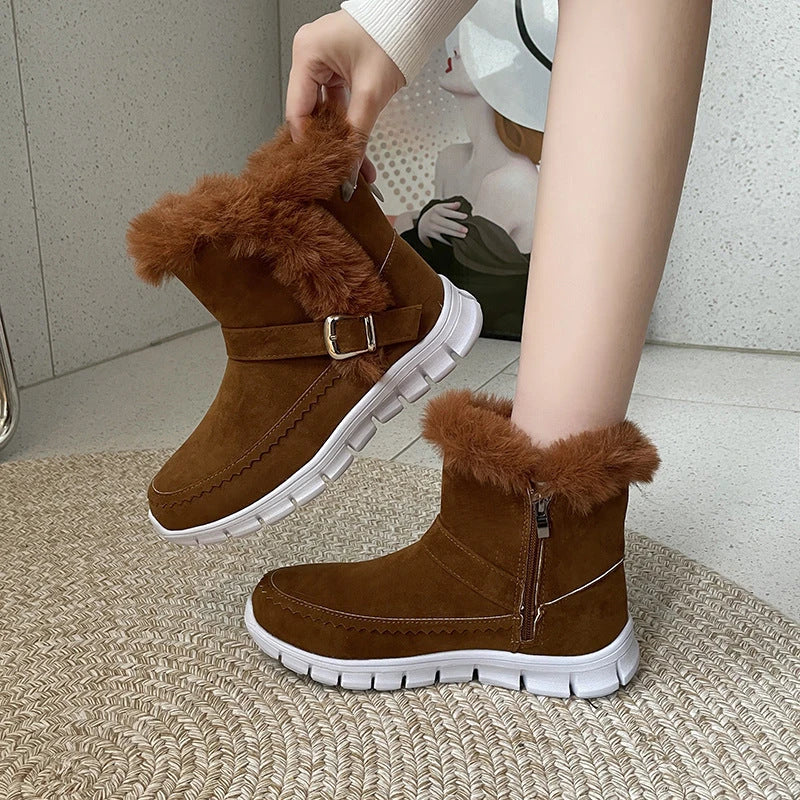 Plush ankle snow boots with buckle design and soft, warm lining for women in various color options