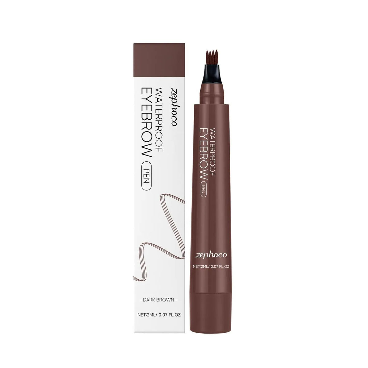 Close-up of a waterproof eyebrow pencil in a dark brown shade on a neutral background.