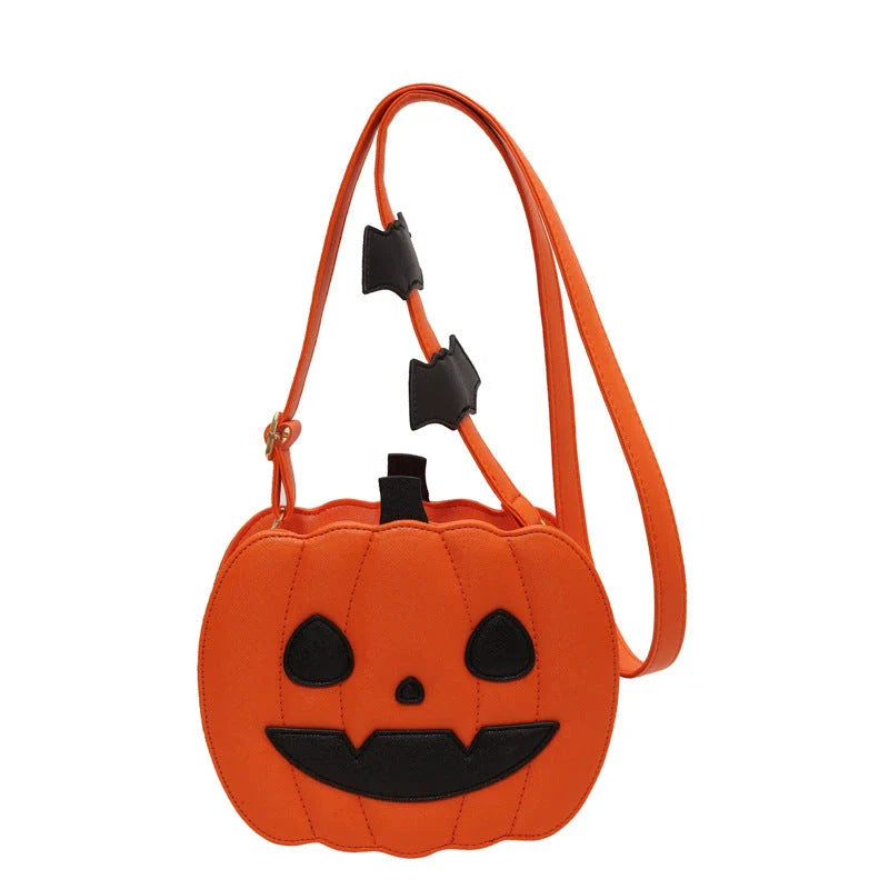 Pumpkin cartoon shoulder bag with adjustable strap and roomy interior, available in various Halloween-inspired colors