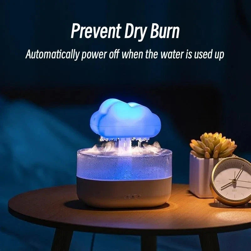 Cloud-shaped humidifier with color-changing LED lights, designed for improved air moisture and aromatherapy enjoyment