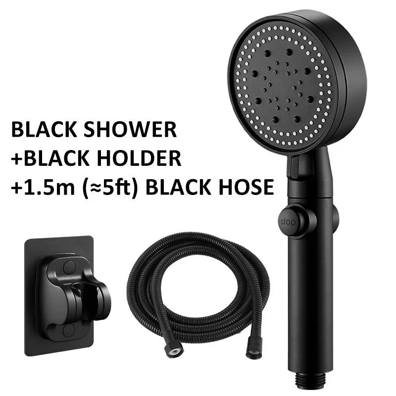 Premium 5-speed pressurized shower head with large water output, ABS construction, and modern minimalist design
