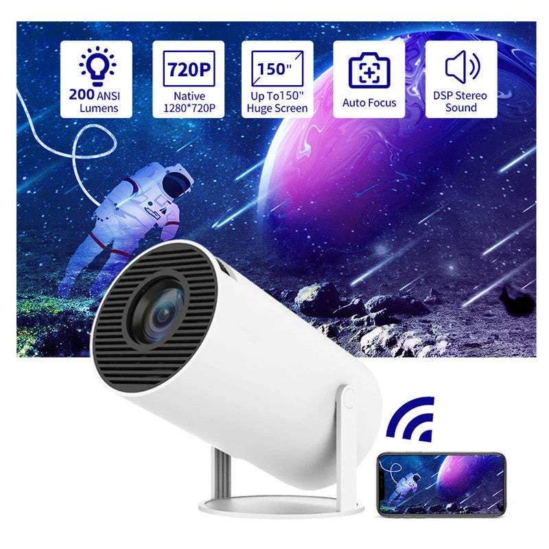Portable home theater projector with 180-degree rotation, automatic focus, and wireless connectivity for an immersive viewing experience
