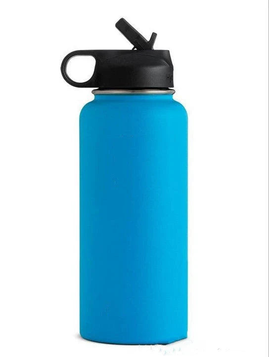 Stainless steel insulated water bottle with wide mouth and push-button lid for hot and cold beverages