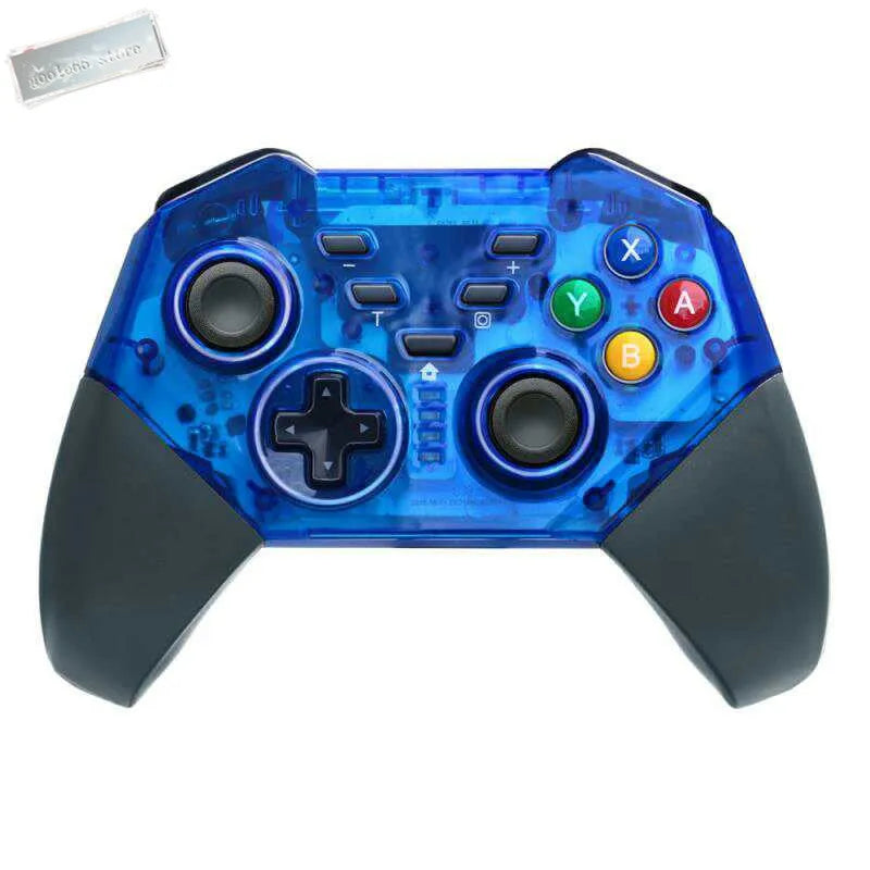 Wireless Nintendo Switch Pro controller in black, white, or blue with analogue sticks and action buttons.