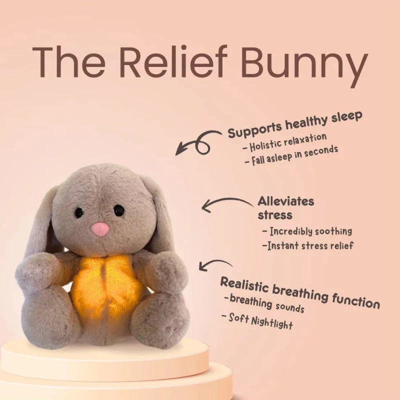 Soothing and relaxing plush breathing bunny toy with calming lights and music to help babies and toddlers sleep
